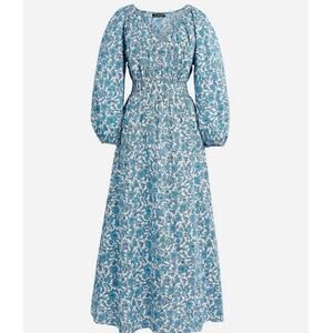 J. Crew V-Neck Floral Midi Dress Blue Blooms Smocked Cottagecore Size Medium